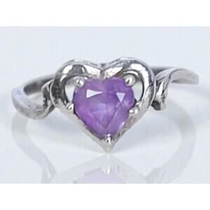 Vintage 925 Silver Purple Amethyst Heart Ring Romantic Gemstone Love